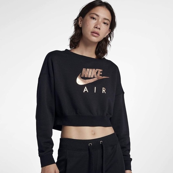 Nike Air Rally Crew sweatshirt in black with a metallic bronze or rose gold logo - Picture 1 of 3